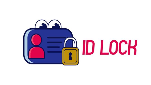 Animated Cartoon ID Card Character with Padlock Icon Representing Data Security and Privacy Protection Concept on White Background with ID LOCK Text