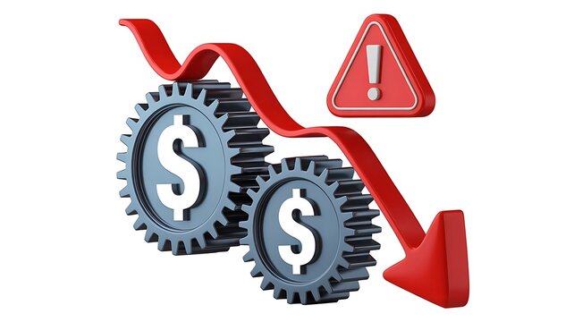 Financial crisis concept with dollar sign gears and a red downward trend arrow