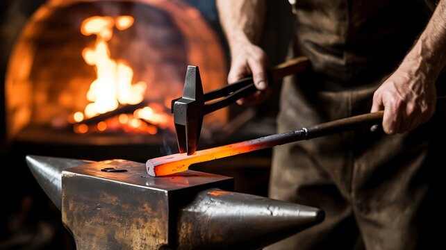 Blacksmith forging glowing hot metal on anvil in workshop