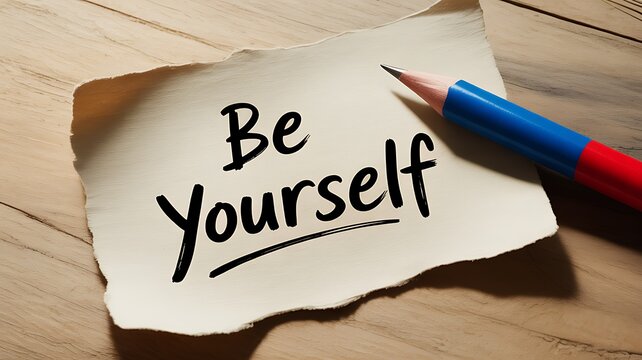 Be Yourself handwritten message on paper note with pencil on wooden desk surface