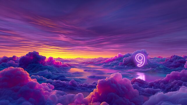 Red number nine holographic projection floating above purple and orange clouds with mountain silhouette