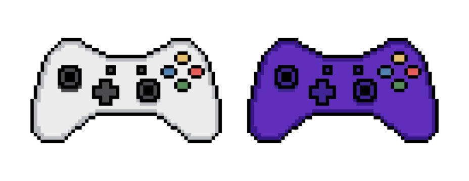 Pixelated Controllers: A pair of pixel art video game controllers, one white and one purple, sit side by side, representing digital entertainment and gaming.