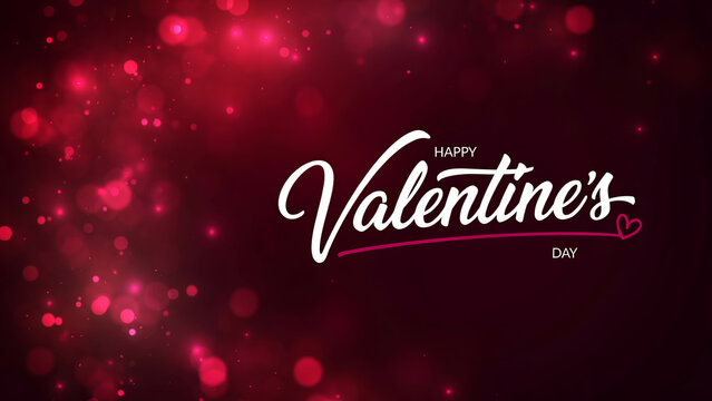 Happy Valentines Day greeting card with elegant white calligraphy on red bokeh background