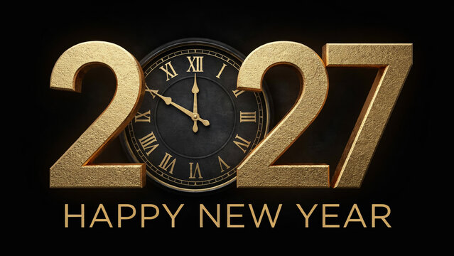 Gold 2027 New Year greeting with vintage clock on black background