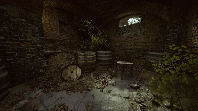 Dim stone cellar with stacked barrels, moss and dust, single high window casting narrow light, broken wheel leaning against wall, cracked mortar and damp floor