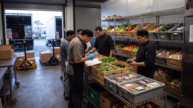 Chefs checking temperature of fresh produce delivery at loading dock