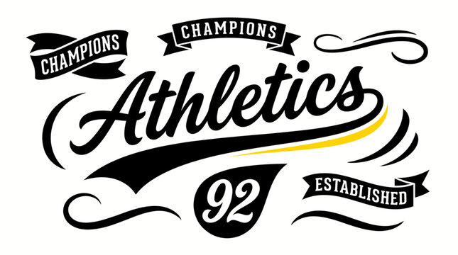 Vintage baseball script swooshes and swashes with dynamic retro wave tails. Athletic lettering and typographic underlines for sports logos, apparel, and branding.