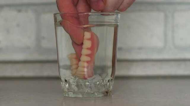 A person takes a removable full denture out of a glass of clean water using fingers. Demonstration of taking out and caring for false teeth after cleaning