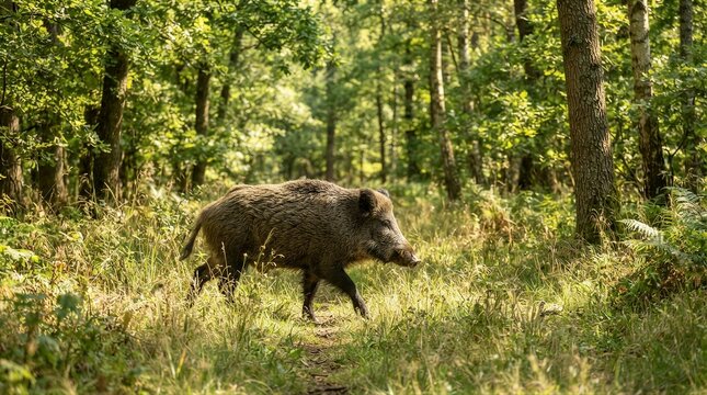 Wild boar walking along forest path in woodland daylight