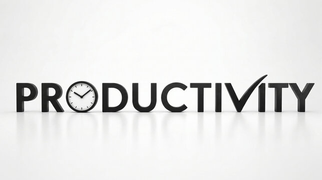 Productivity word with clock symbol on white background