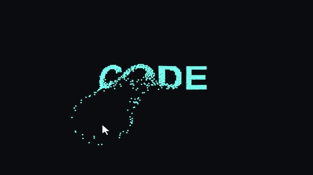 Interactive cyan particle text assembling into CODE word with mouse cursor dispersion effect on black background motion graphic loop