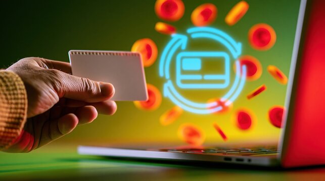 Hand holding a blank payment card near a laptop with glowing digital currency symbols, a clean mockup for online banking and finance