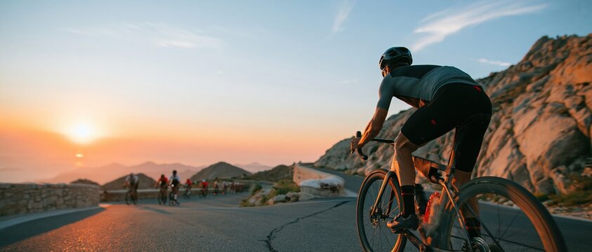 Lone cyclist climbing a steep mountain switchback on a weathered asphalt road, dramatic orange sunset lighting for cycling tourism and endurance events with copy space