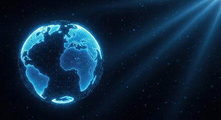 Fototapeta premium Digital holographic earth globe floating in dark space with bright blue light rays and particles
