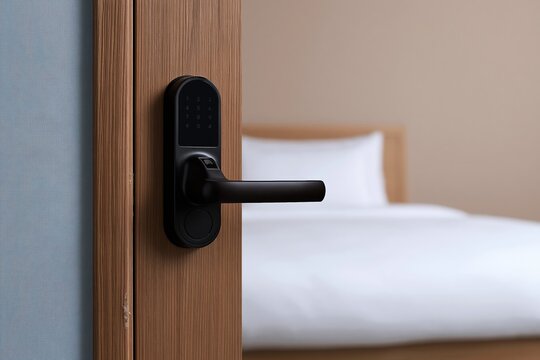 Smart lock handle on a warm brown timber door standing ajar, featuring a digital keypad and fingerprint reader for hotel and home security, with copy space