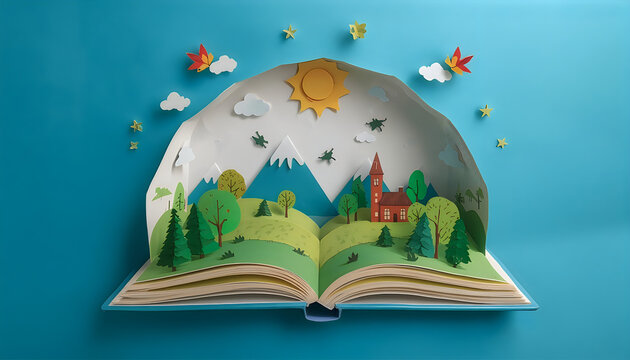 Magical paper craft book opens to display miniature mountain valley and forest art.