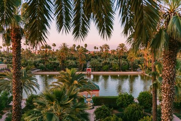 Fototapeta premium Serene royal garden pond surrounded by lush palm trees and formal architecture for Moroccan travel and heritage advertising