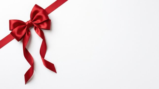 A red satin ribbon with a bow rests on a white background crimson scarlet gift present wrapping celebration festive