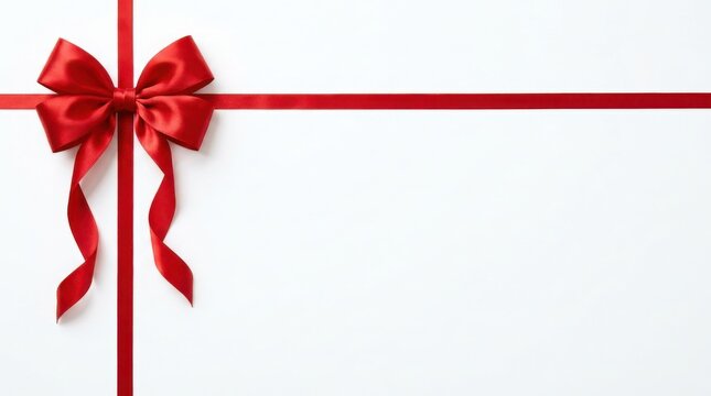 A red satin ribbon and bow are arranged against a white background crimson scarlet gift present wrapping celebration festive