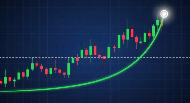 Upward trending stock market candlestick chart with green growth line on dark blue grid background
