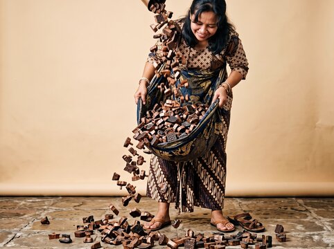 Woman holding a batik skirt as a pouch to catch falling copper wax stamps, featuring traditional patterns and a warm tone with copy space for artisan branding