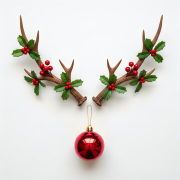 Reindeer antler decoration with holly and red ornament