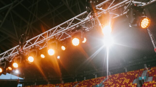 Teal truss rigging with glowing amber stage lights over empty arena seating, featuring a gritty industrial finish for event production and concert promotion
