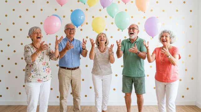 Five seniors celebrate with raised hands and colorful balloons against a dotted wall celebration senior elderly group people party
