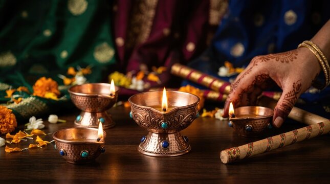 Navaratri celebration diya oil lamp on wooden table, hindu festival background with henna hand holding brass burner, dandiya stick, traditional flower petal garland and silk saree.