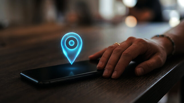 A glowing blue location map pin icon hovering above a black smartphone on a table