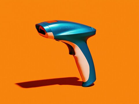 Handheld barcode scanner with a smooth metallic finish and rubberized grip, set against a vibrant orange background for retail and commerce concepts