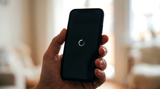 Person holding a mobile phone showing a circular progress loading icon on screen.