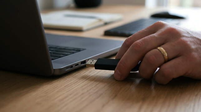 Person plugging a black USB flash drive into a laptop port on a wooden office desk.