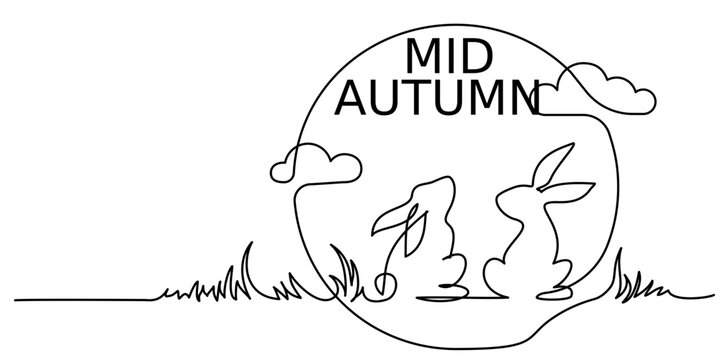 Happy Chuseok simple vector poster, banner, background with the moon and Rabbits. Chinese Mid Autumn Festival. Continuous one line drawing. Hand drawn vector illustration. Perfect for Mid-Autumn