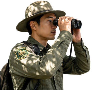 Professional park ranger looking through binoculars, forest conservation officer in uniform and safari hat, wildlife observer on white background