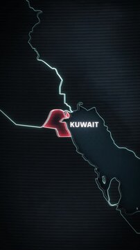 A vertical 3D map animation of Kuwait, Middle East, featuring a glowing red territorial highlight, extruded neon borders, and typography, optimized for a short-form educational mobile video.
