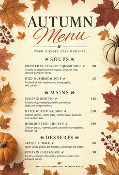 Autumn menu design with fall leaves pumpkins and seasonal dishes