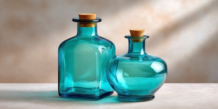 Warm turquoise palette. Two blue glass bottles with cork stoppers sit on a white surface against a soft, blurred background.