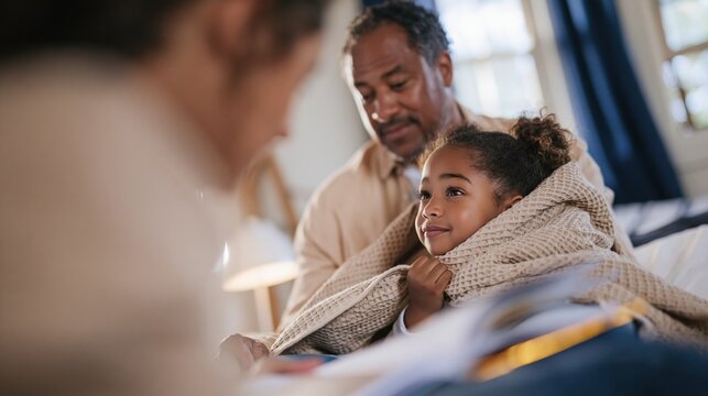 Black father tucking a child into a cozy waffle-weave blanket while reading a book, warm glowing light for family comfort and home care