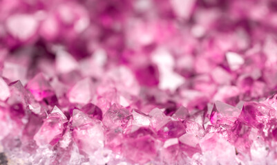 Fototapeta premium Amethyst pink crystals. Gems. Mineral crystals in the natural environment. Texture of precious and semiprecious stones. Seamless background with copy space colored shiny surface of precious stones.