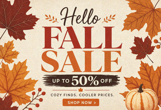 Fall sale promotional graphic with autumn leaves and pumpkin