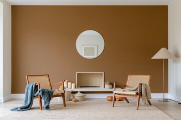 Fototapeta premium Terracotta orange wall in a cozy autumn living room with wooden armchairs, knitted throws and pumpkins for home staging and interior design
