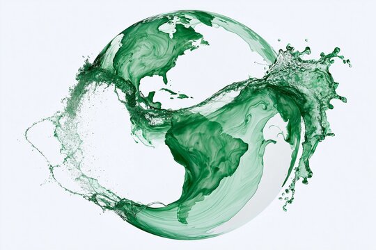 Green water splash forming globe on white background