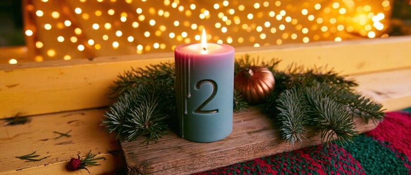 Blue advent candle with number two on a rustic wooden ledge, featuring melting wax, fresh fir sprigs, and glowing lights for a holiday banner
