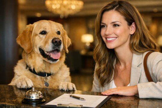 Woman checking in at hotel reception with golden retriever at pet friendly concierge desk for hospitality and travel banner use