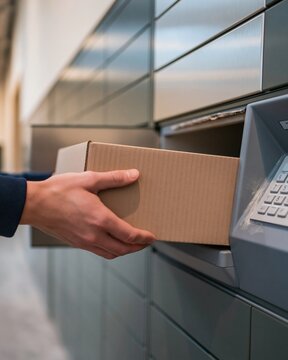 Hand removing a plain cardboard box from a metal parcel locker, featuring a matte keypad and ribbed texture for delivery mockup and retail campaigns