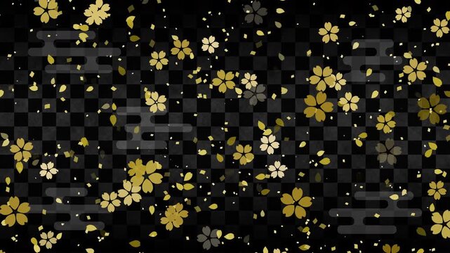 桜01 小 金 紙吹雪 金 下降 パターン01 エ霞 市松模様01 ループ （黒 背景）