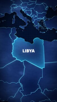 Digital map of Libya, North Africa, featuring a glowing cyan highlight, bold white text, and neon borders against a dark blue grid background, optimized as a vertical graphic for mobile education.
