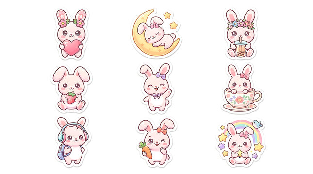 Set of cute pastel bunny rabbit stickers with sweet accessories