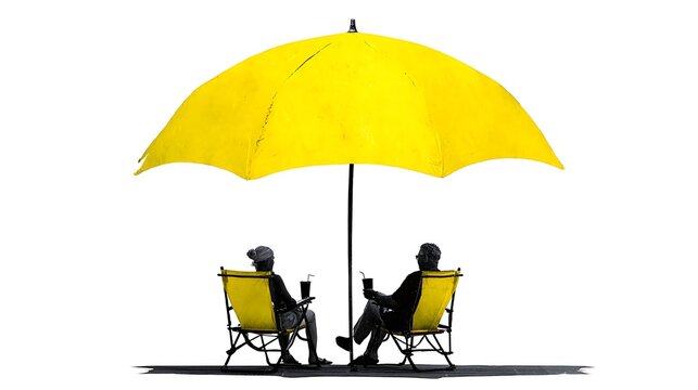 Yellow beach umbrella with two lounge chairs and drink cooler on wooden deck